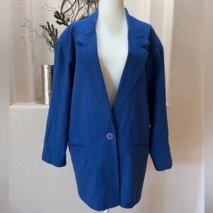 Adolfo Womens Sm Royal Blue Linen Cotton Blazer 3/4 Sleeve Shoulder Pads Lined